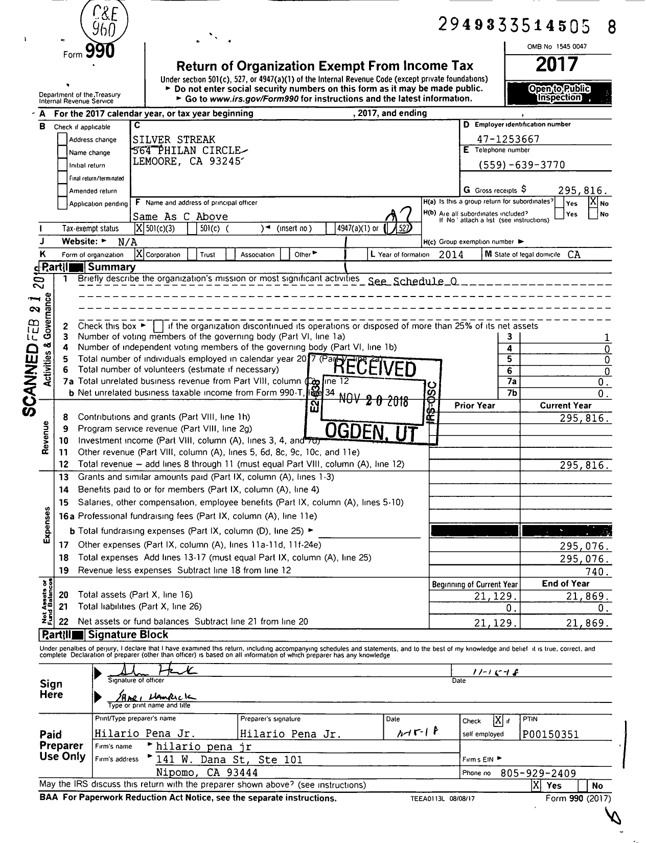 Image of first page of 2017 Form 990 for Silver Streak