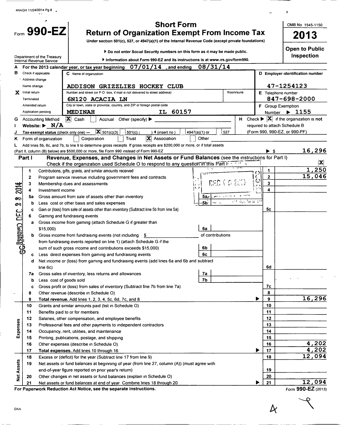 Image of first page of 2013 Form 990EZ for Addison Grizzlies Hockey Club