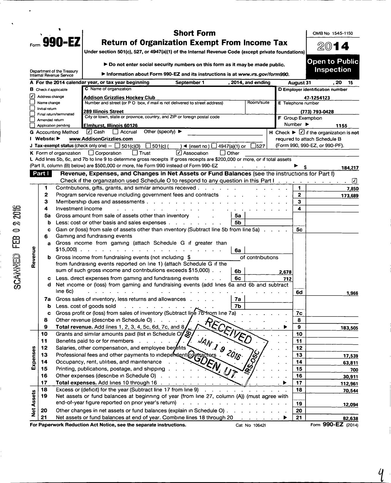 Image of first page of 2014 Form 990EO for Addison Grizzlies Hockey Club