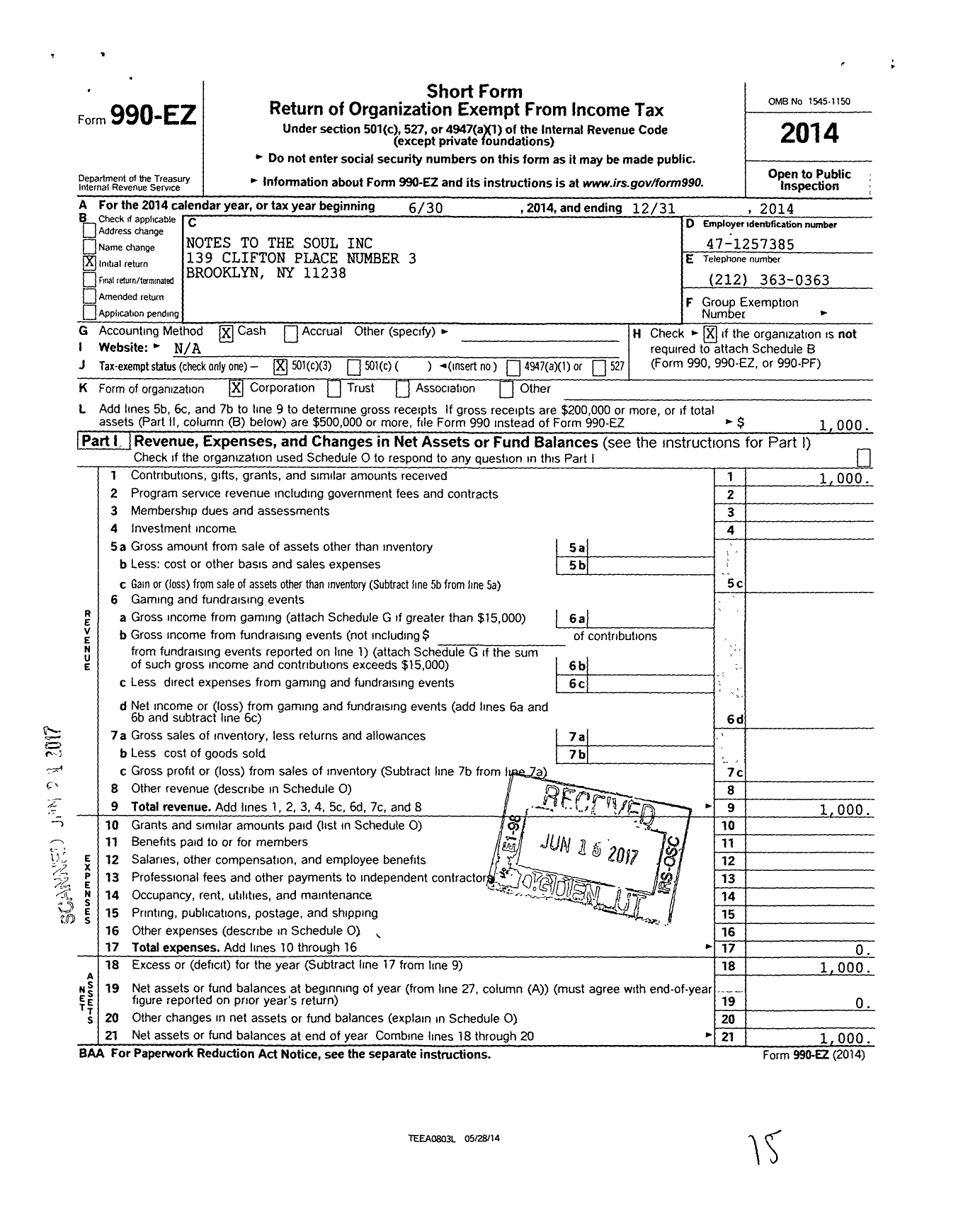 Image of first page of 2014 Form 990EZ for Notes To the Soul