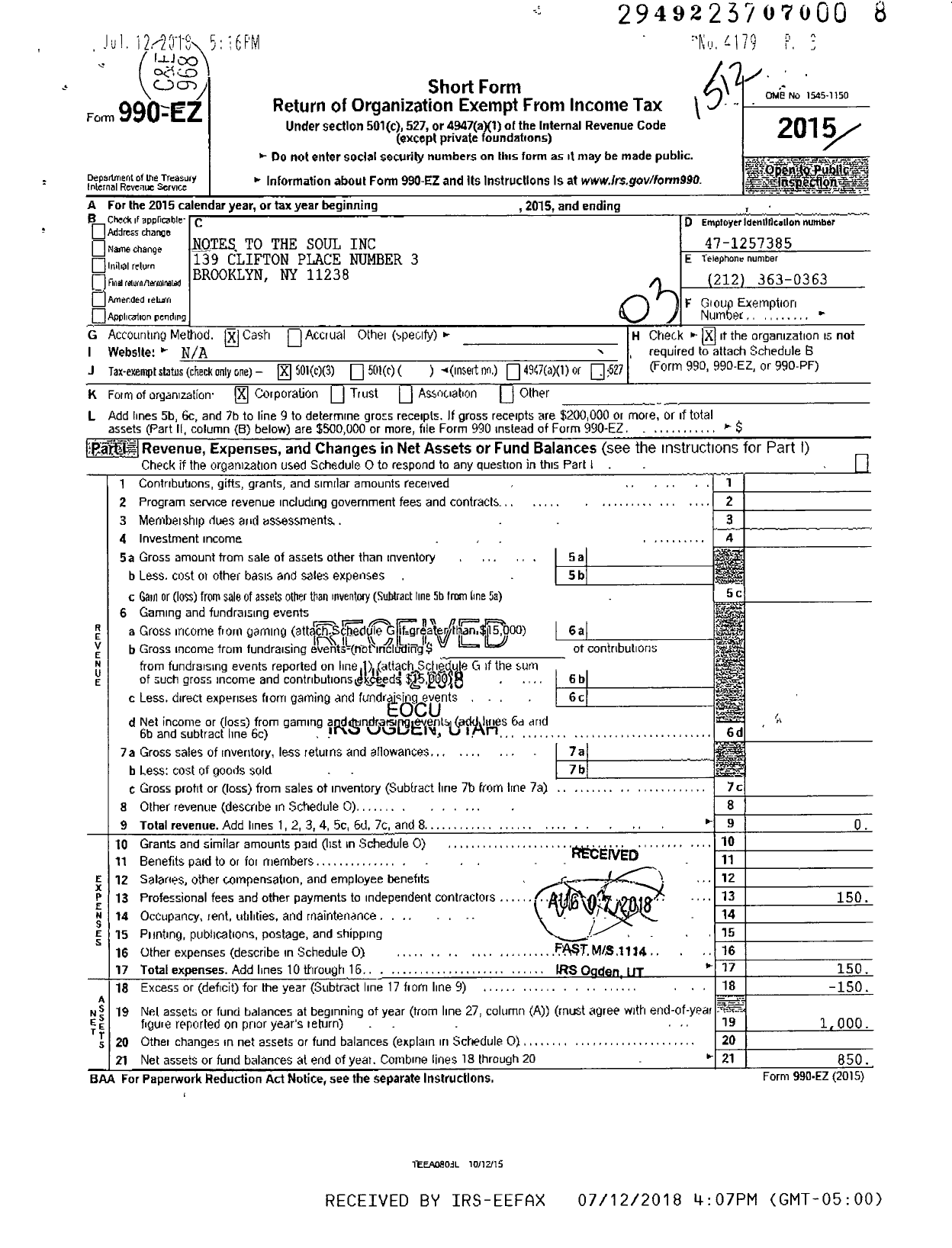 Image of first page of 2015 Form 990EZ for Notes To the Soul