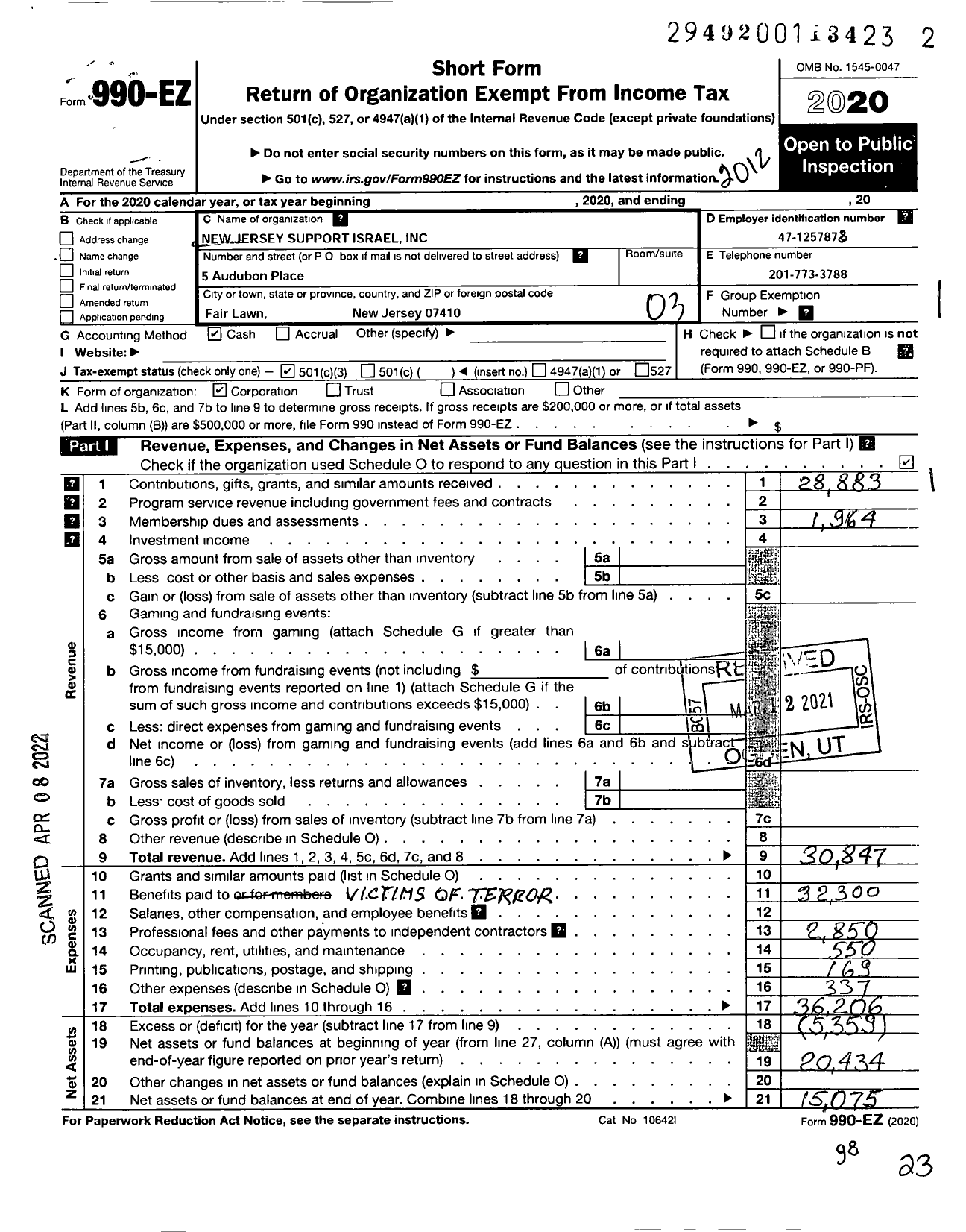 Image of first page of 2020 Form 990EZ for New Jersey Support Israel