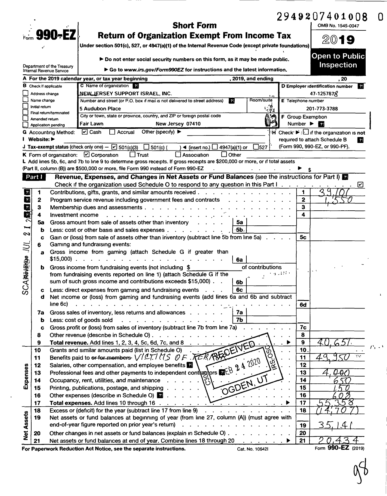 Image of first page of 2019 Form 990EZ for New Jersey Support Israel