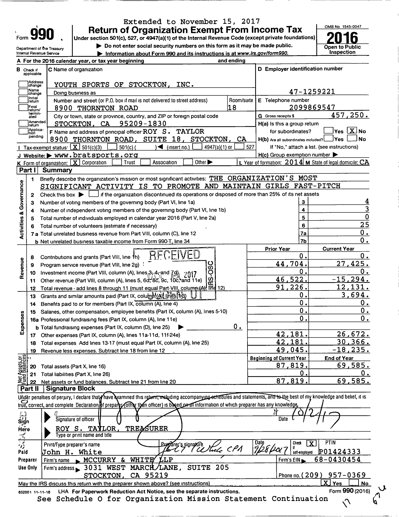 Image of first page of 2016 Form 990 for Youth Sports of Stockton