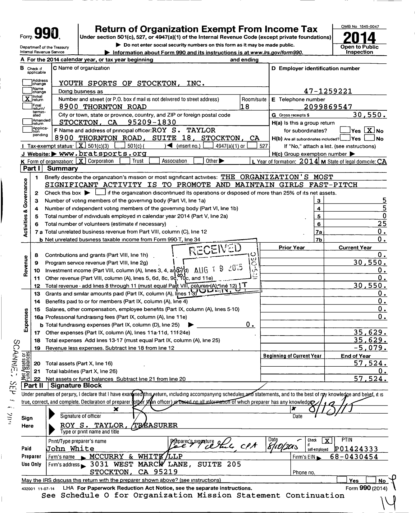 Image of first page of 2014 Form 990 for Youth Sports of Stockton