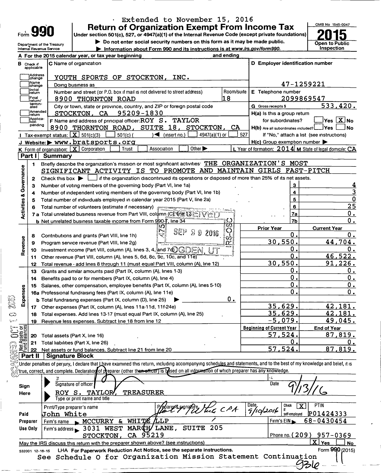 Image of first page of 2015 Form 990 for Youth Sports of Stockton