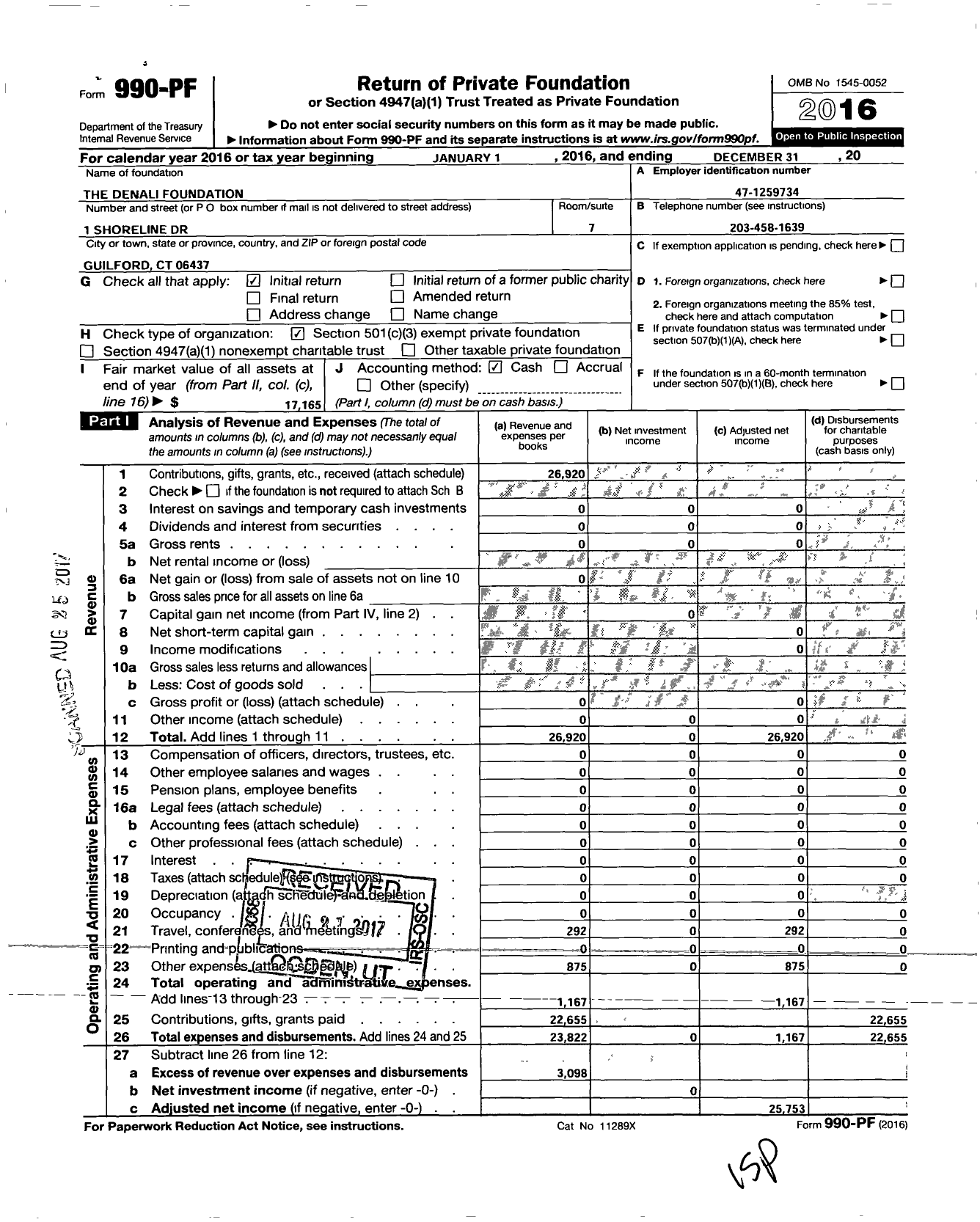 Image of first page of 2016 Form 990PF for The Denali Foundation