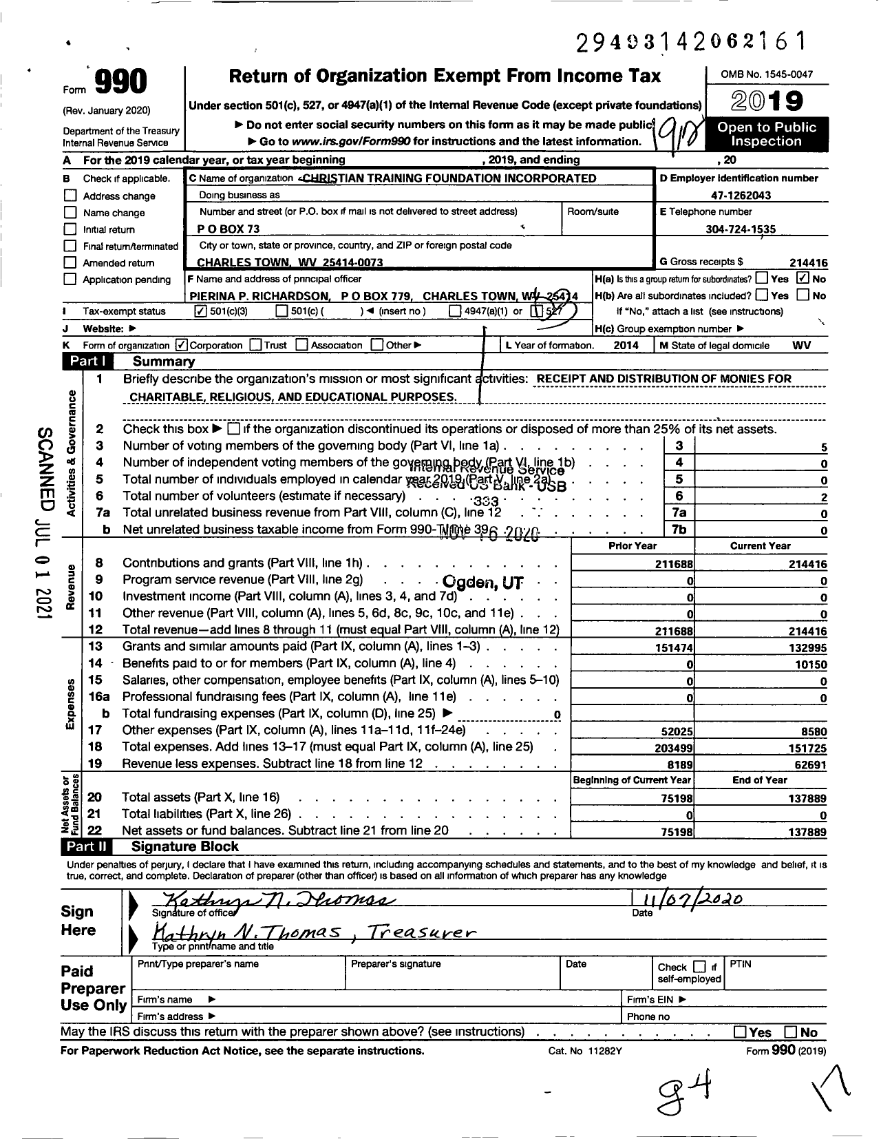 Image of first page of 2019 Form 990 for Christian Training Foundation Incorporated