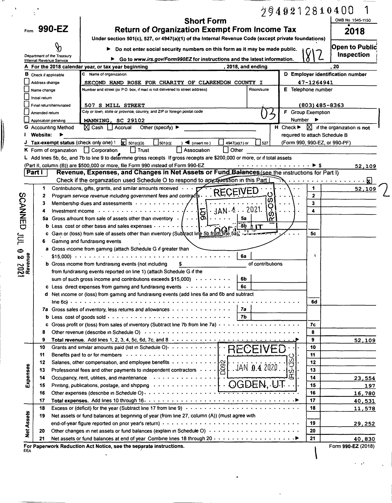 Image of first page of 2018 Form 990EZ for Second Hand Rose for Charity of Clarendon County I