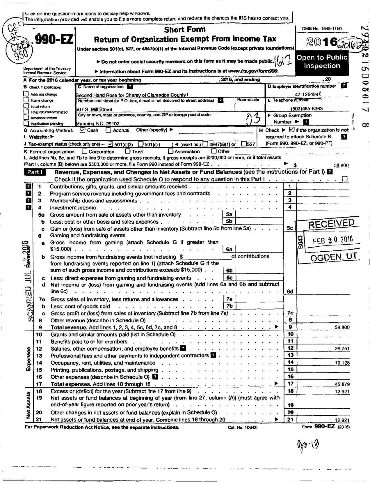 Image of first page of 2016 Form 990EZ for Second Hand Rose for Charity of Clarendon County I