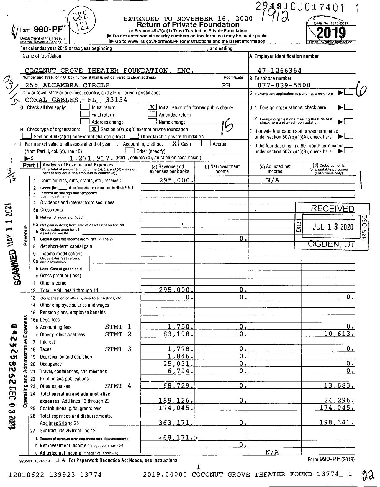 Image of first page of 2019 Form 990PF for Coconut Grove Theater Foundation