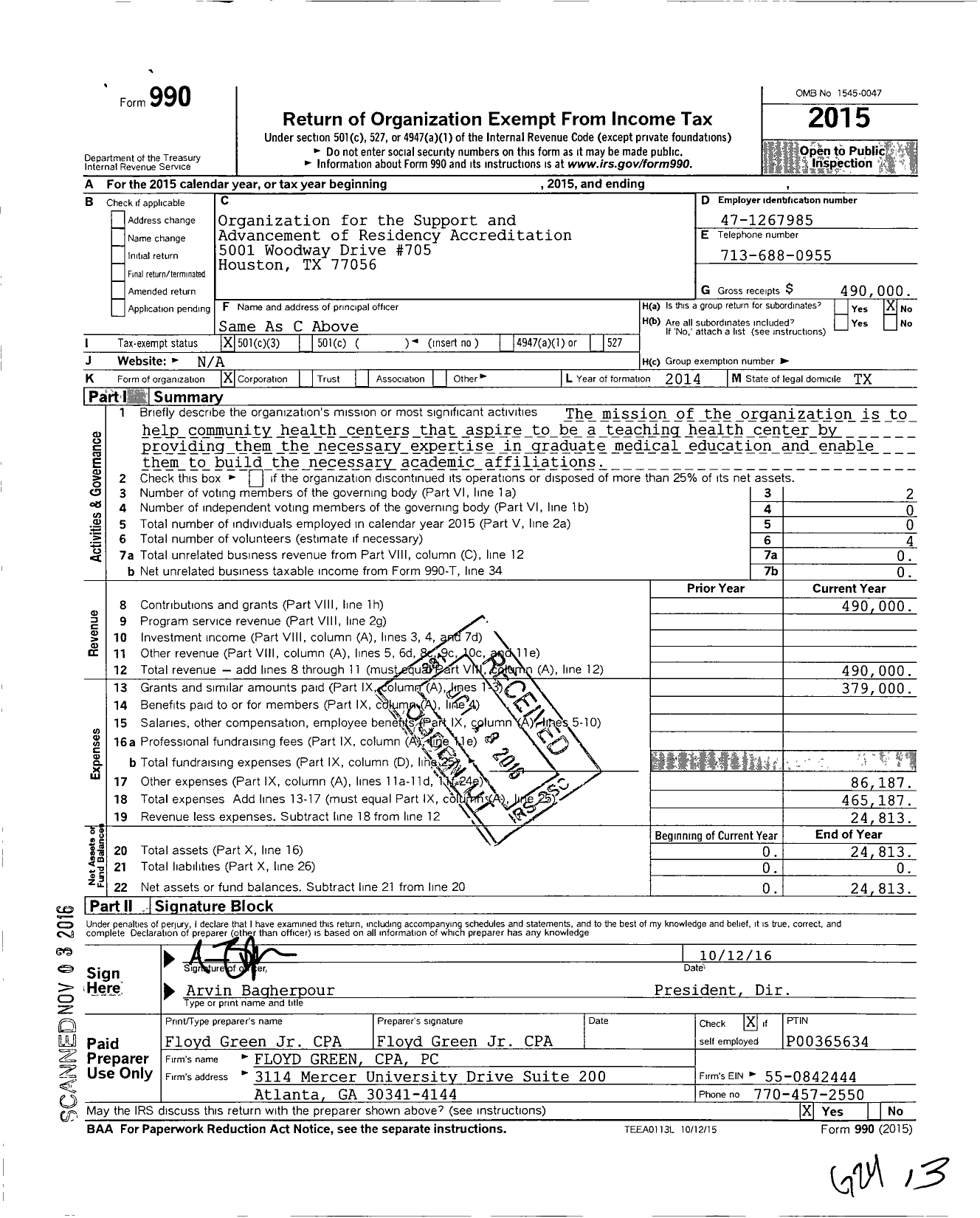 Image of first page of 2015 Form 990 for Organization for the Support and Advancement Residency Accreditation