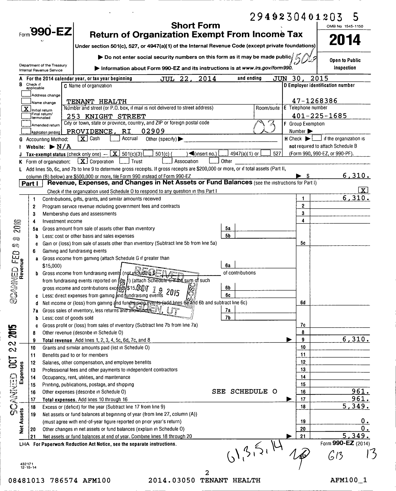 Image of first page of 2014 Form 990EZ for Tenant Health