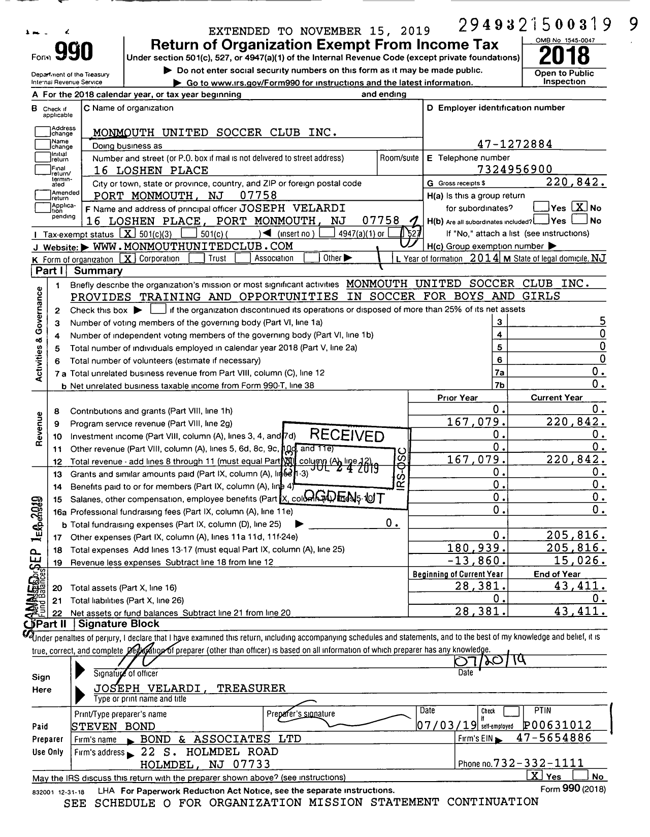 Image of first page of 2018 Form 990 for Monmouth United Soccer Club