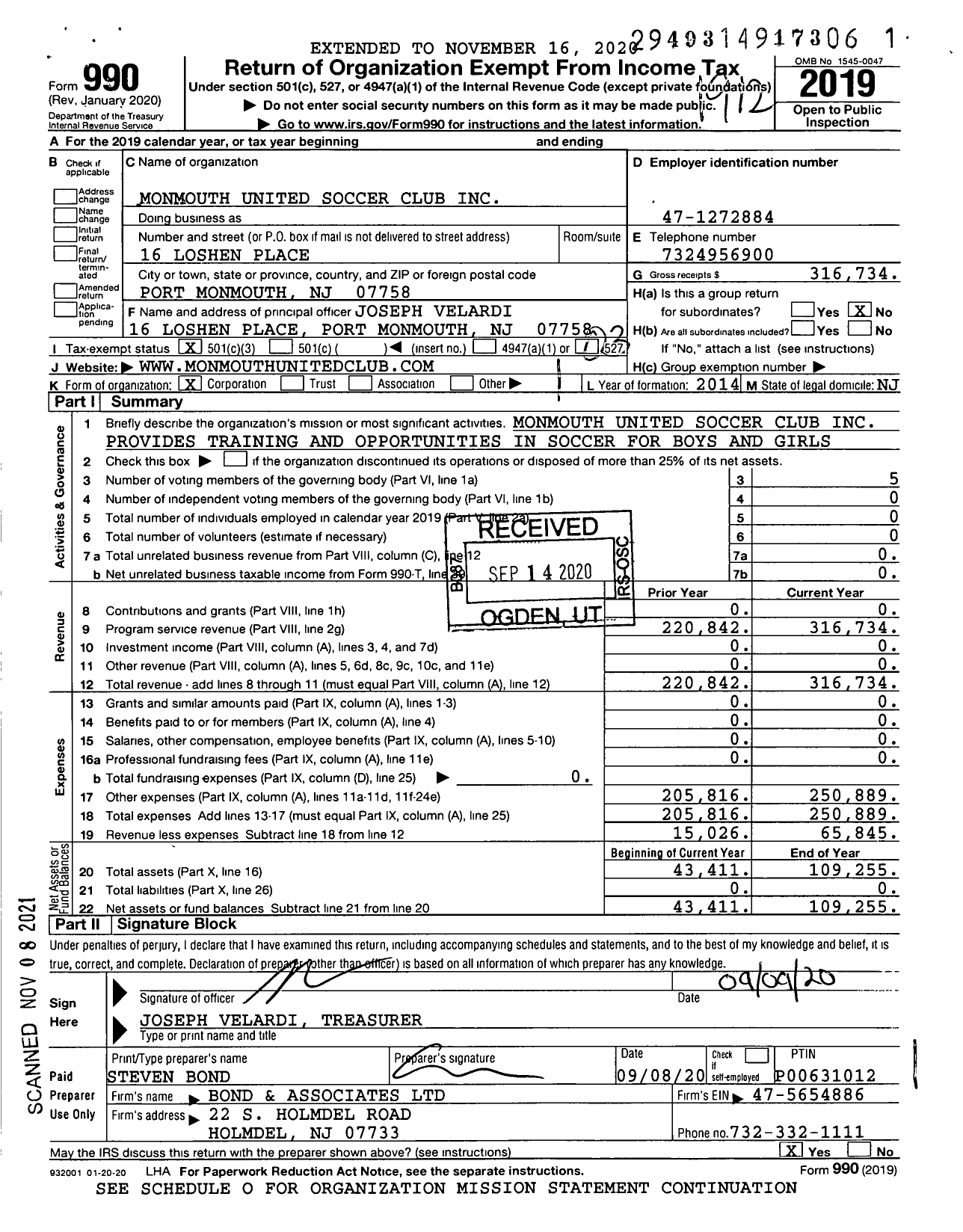 Image of first page of 2019 Form 990 for Monmouth United Soccer Club