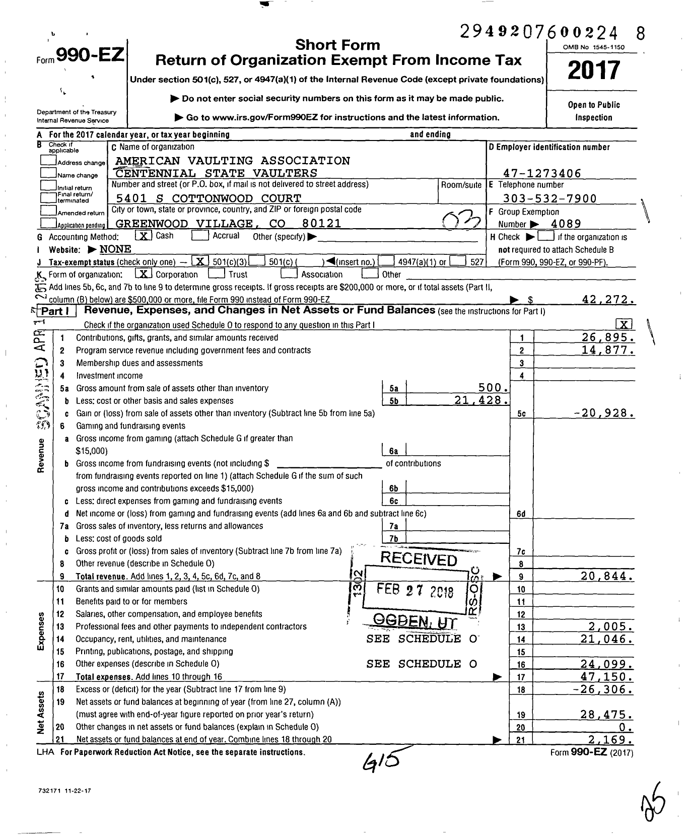 Image of first page of 2017 Form 990EZ for American Vaulting Association / Centennial State Vaulters