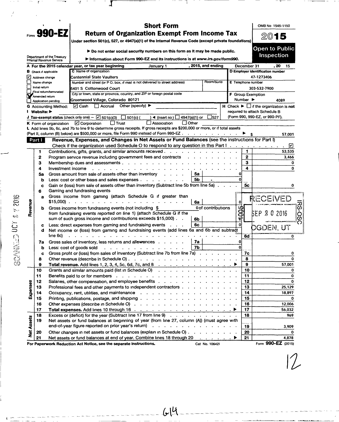 Image of first page of 2015 Form 990EZ for American Vaulting Association / Centennial State Vaulters