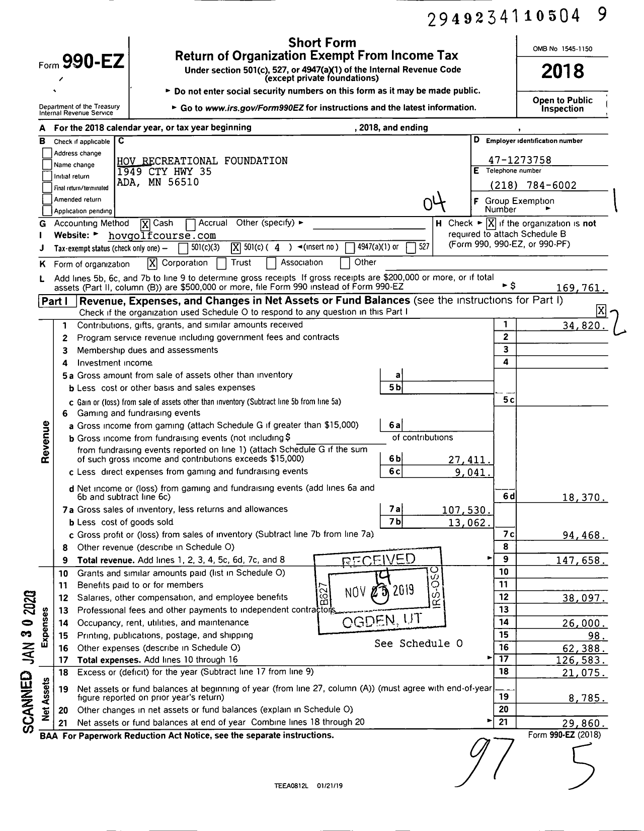 Image of first page of 2018 Form 990EO for Hov Recreational Foundation