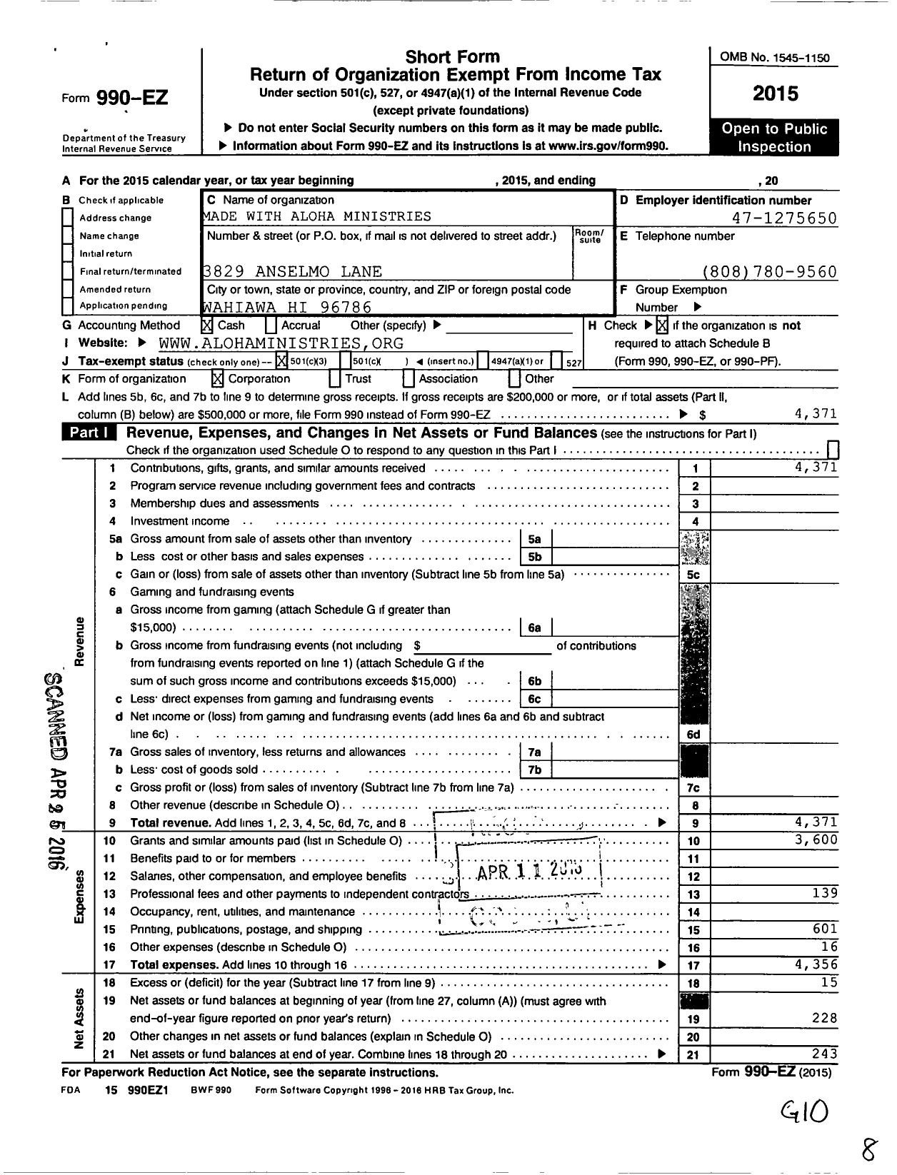 Image of first page of 2015 Form 990EZ for Made with Aloha Ministries