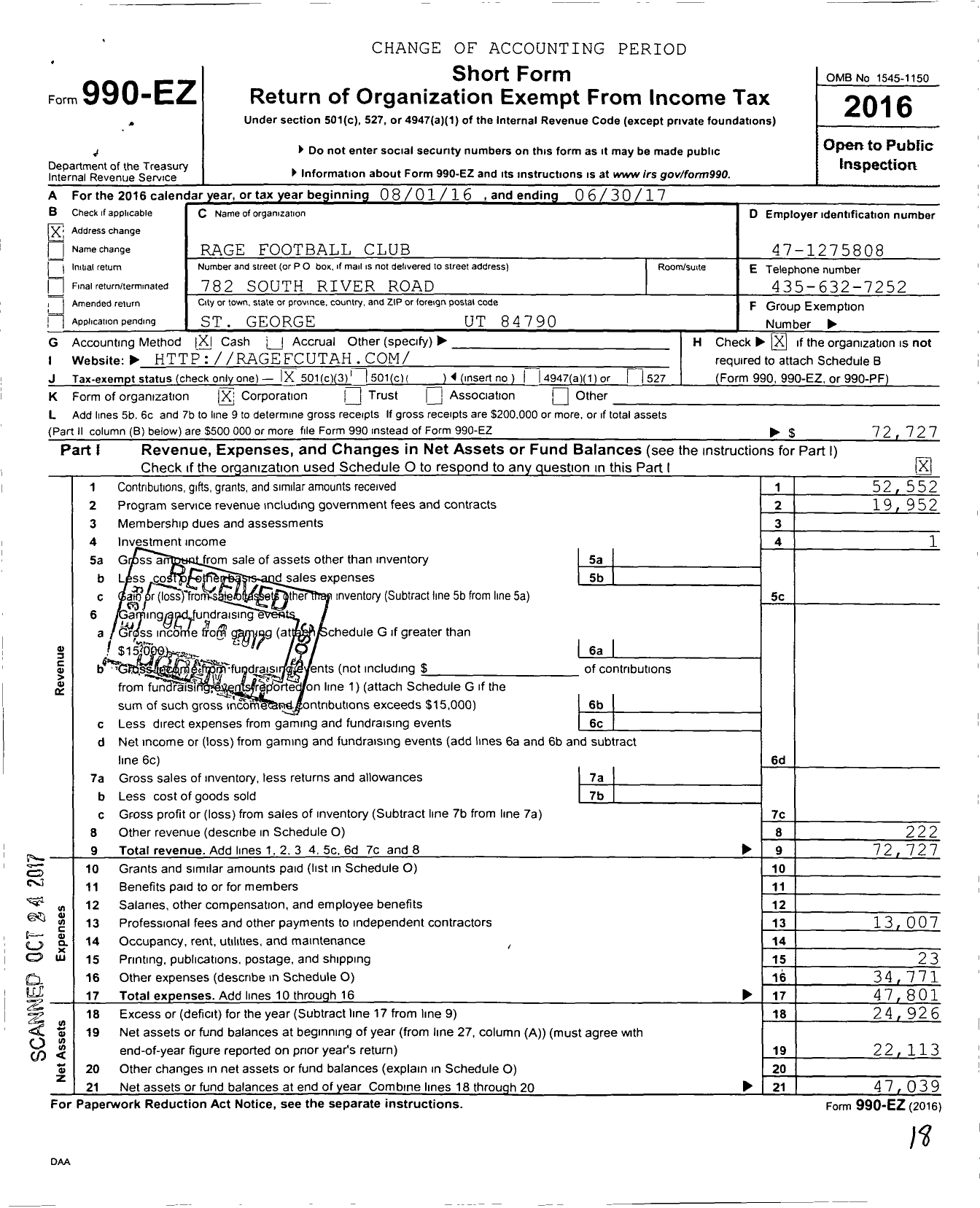 Image of first page of 2016 Form 990EZ for Rage Football Club