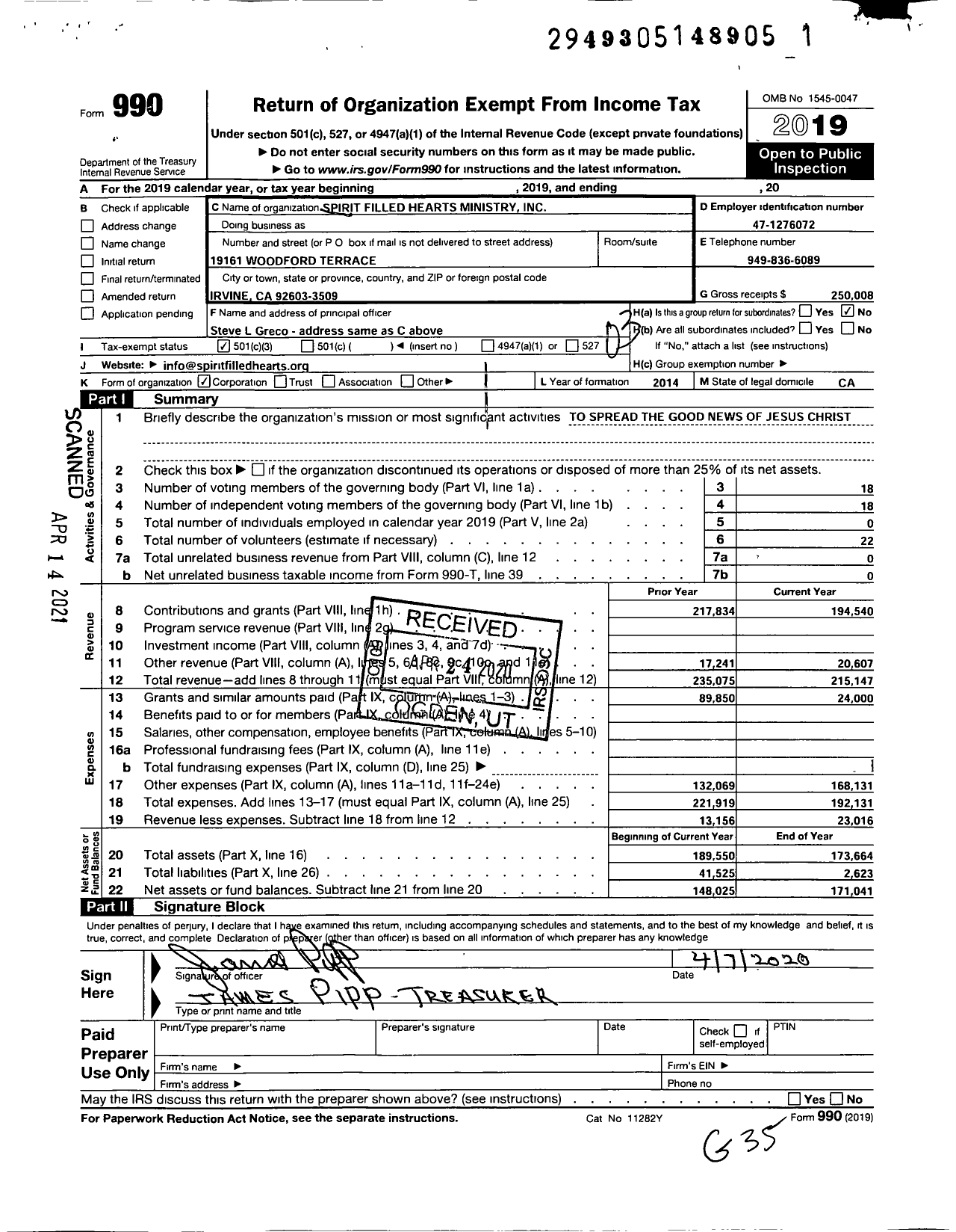 Image of first page of 2019 Form 990 for Spirit Filled Hearts Ministry