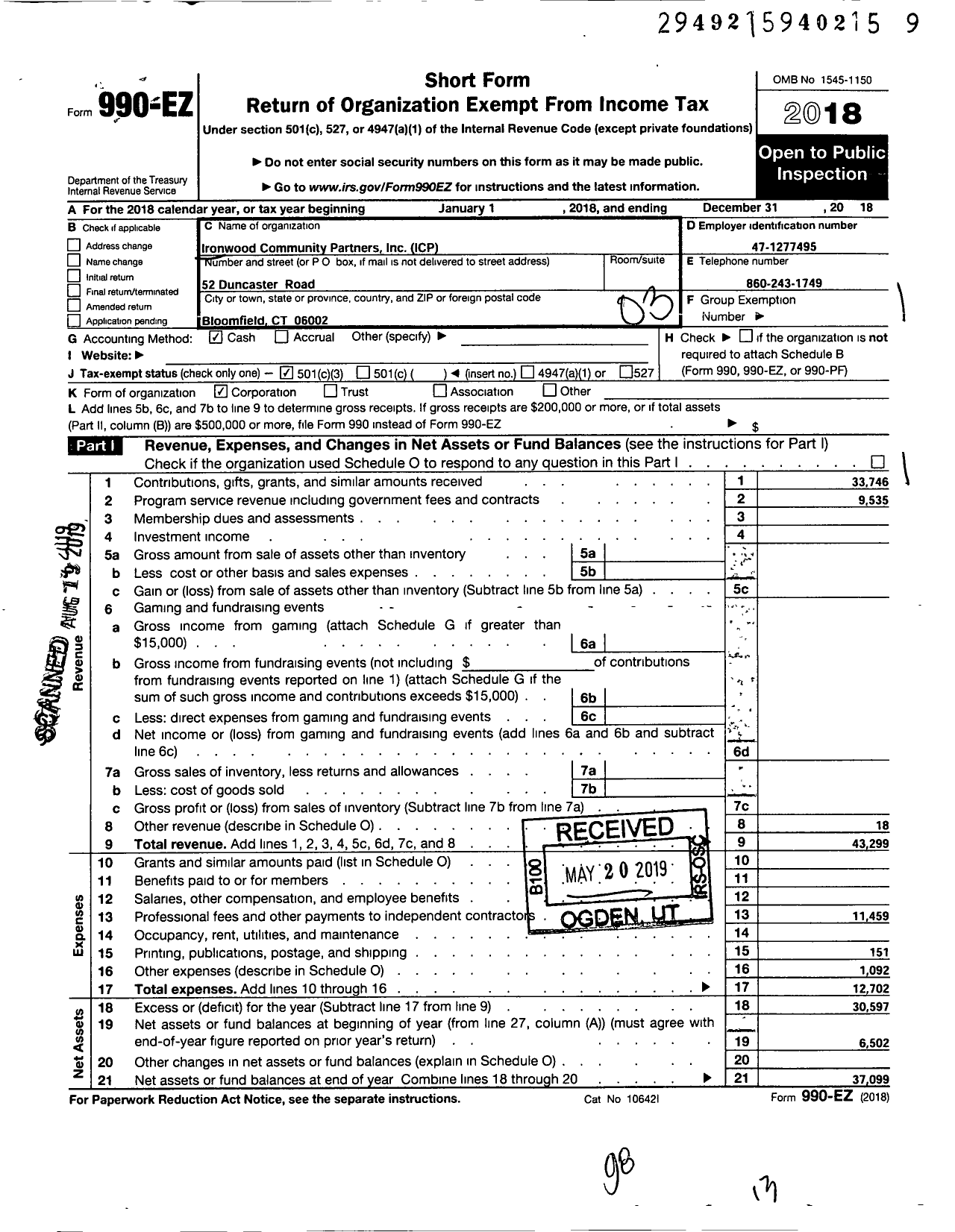 Image of first page of 2018 Form 990EZ for Ironwood Community Partners