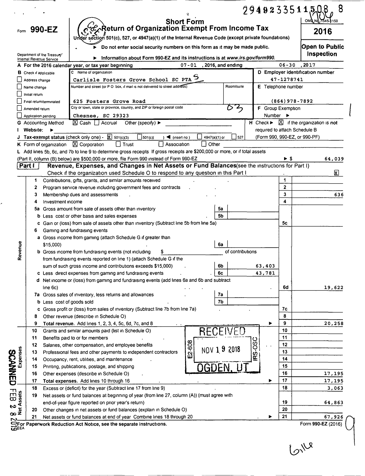 Image of first page of 2016 Form 990EZ for Carlisle Fosters Grove School SC PTA