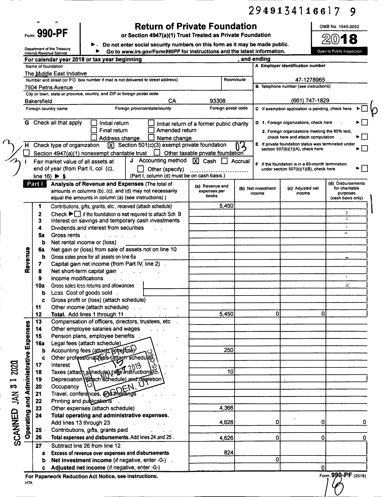 Image of first page of 2018 Form 990EZ for Middle East Initiative