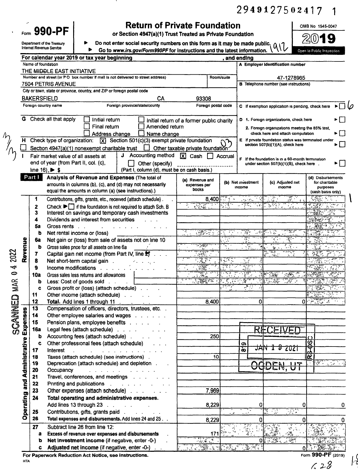 Image of first page of 2019 Form 990PF for Middle East Initiative