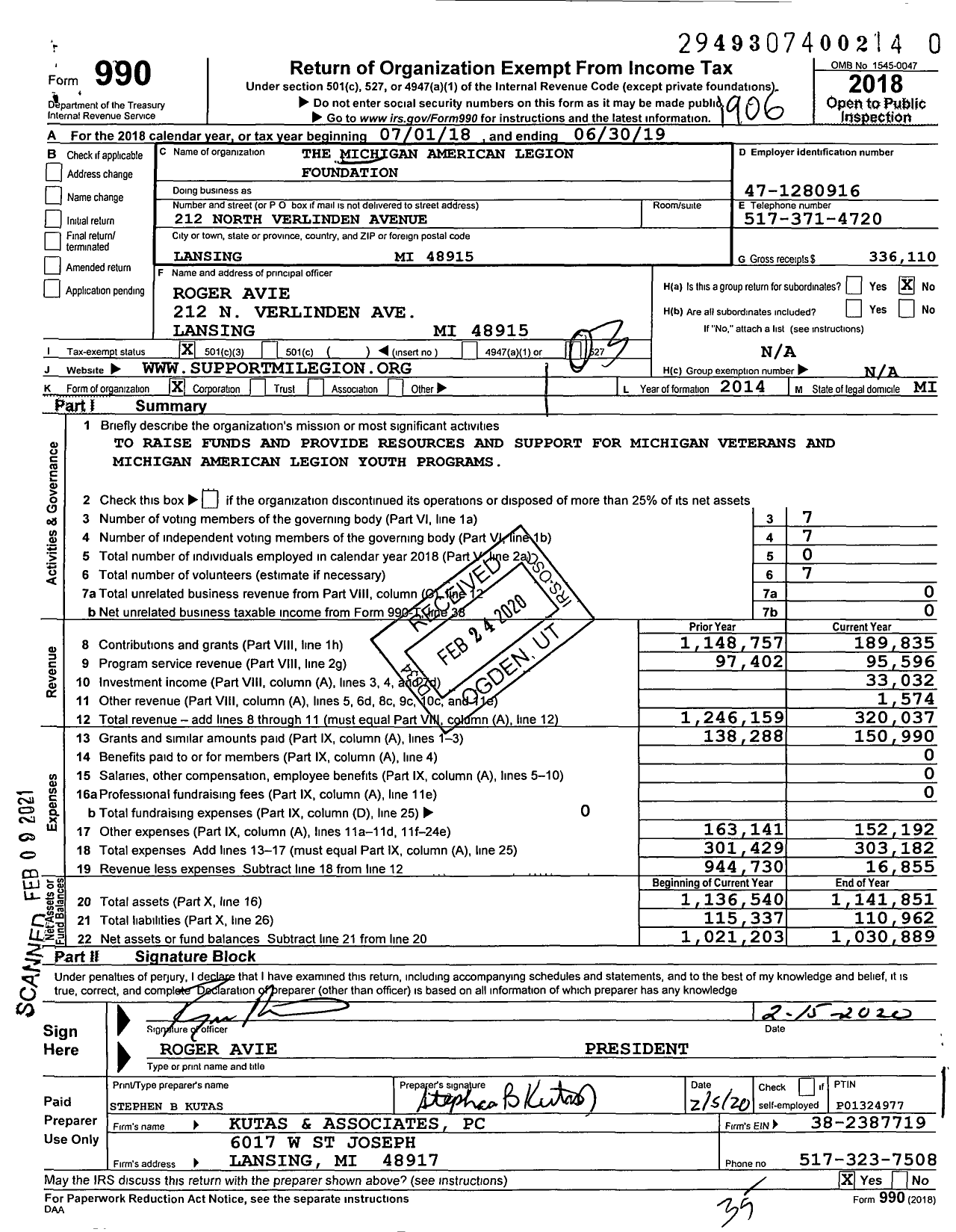 Image of first page of 2018 Form 990 for The Michigan American Legion Foundation