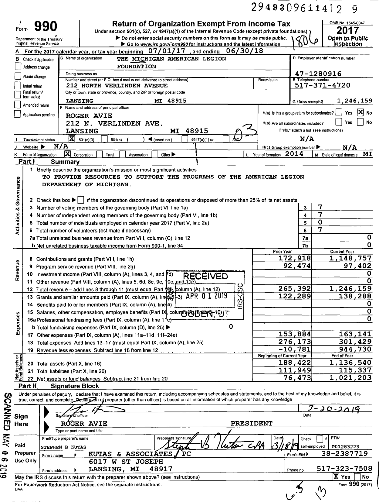 Image of first page of 2017 Form 990 for The Michigan American Legion Foundation