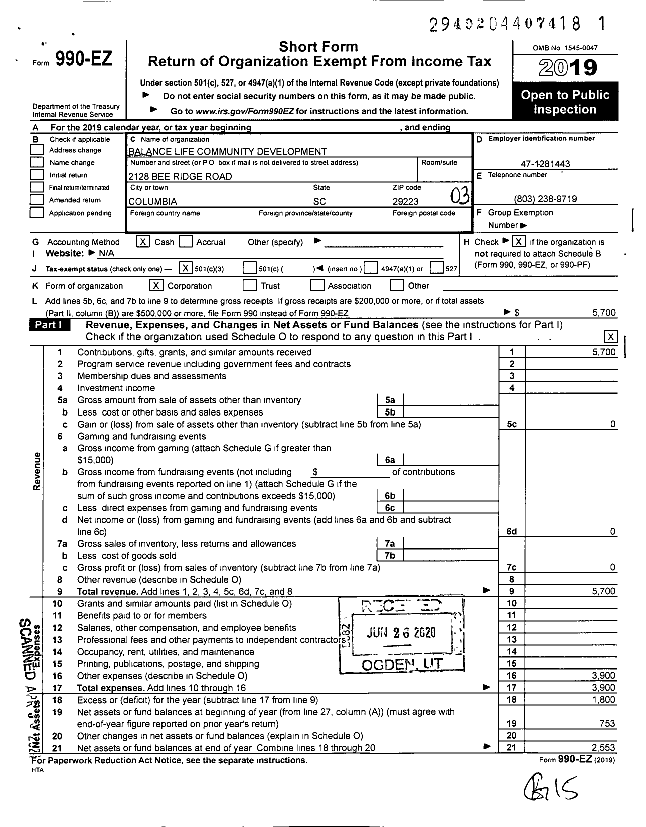 Image of first page of 2019 Form 990EZ for Balance Life Community Development