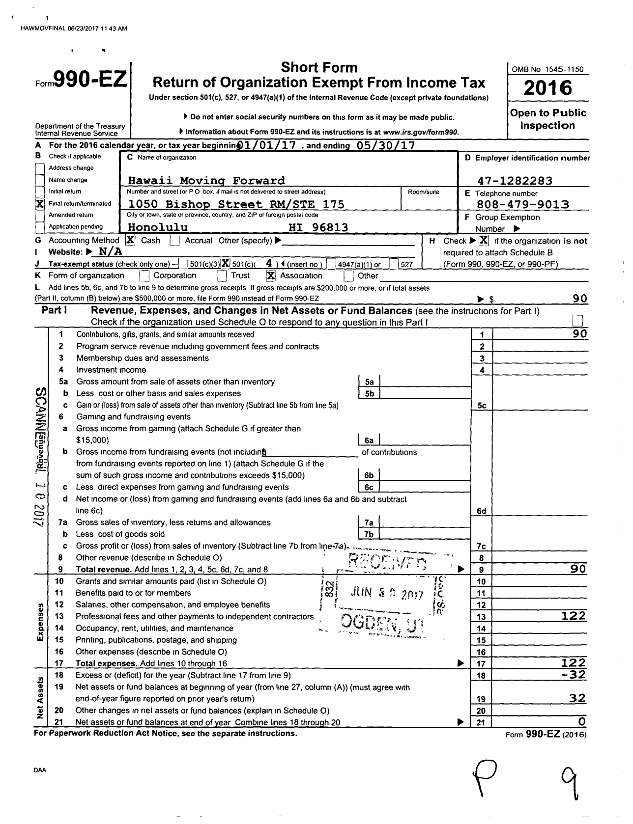 Image of first page of 2016 Form 990EO for Hawaii Moving Forward