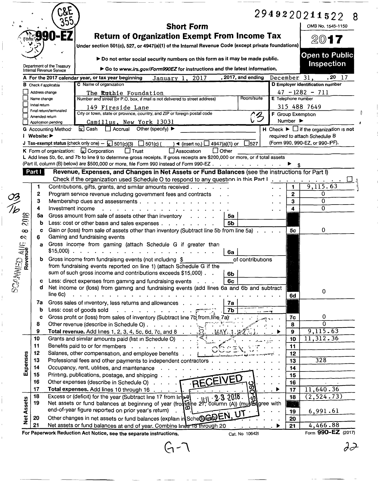 Image of first page of 2017 Form 990EZ for Ruthie Foundation