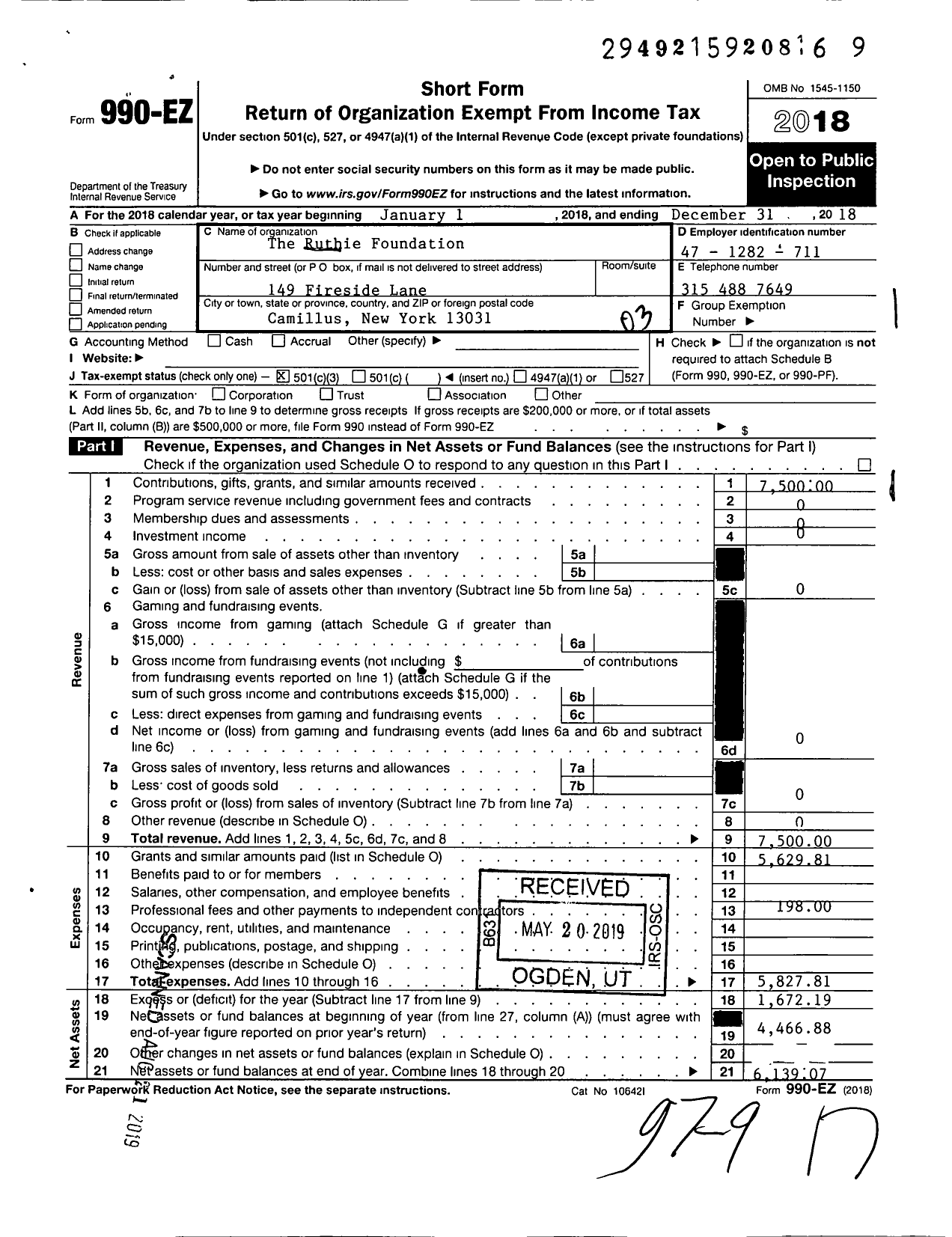 Image of first page of 2018 Form 990EZ for Ruthie Foundation