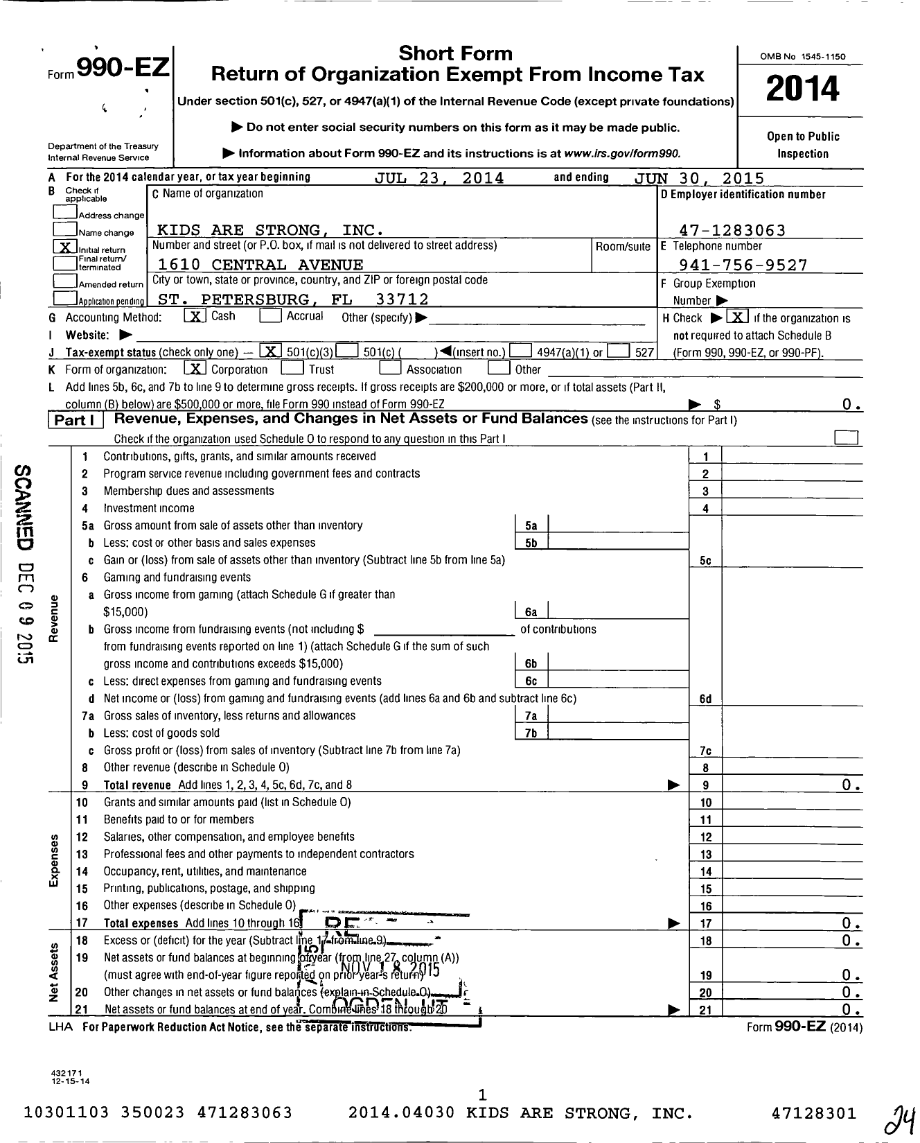 Image of first page of 2014 Form 990EZ for Kids Are Strong