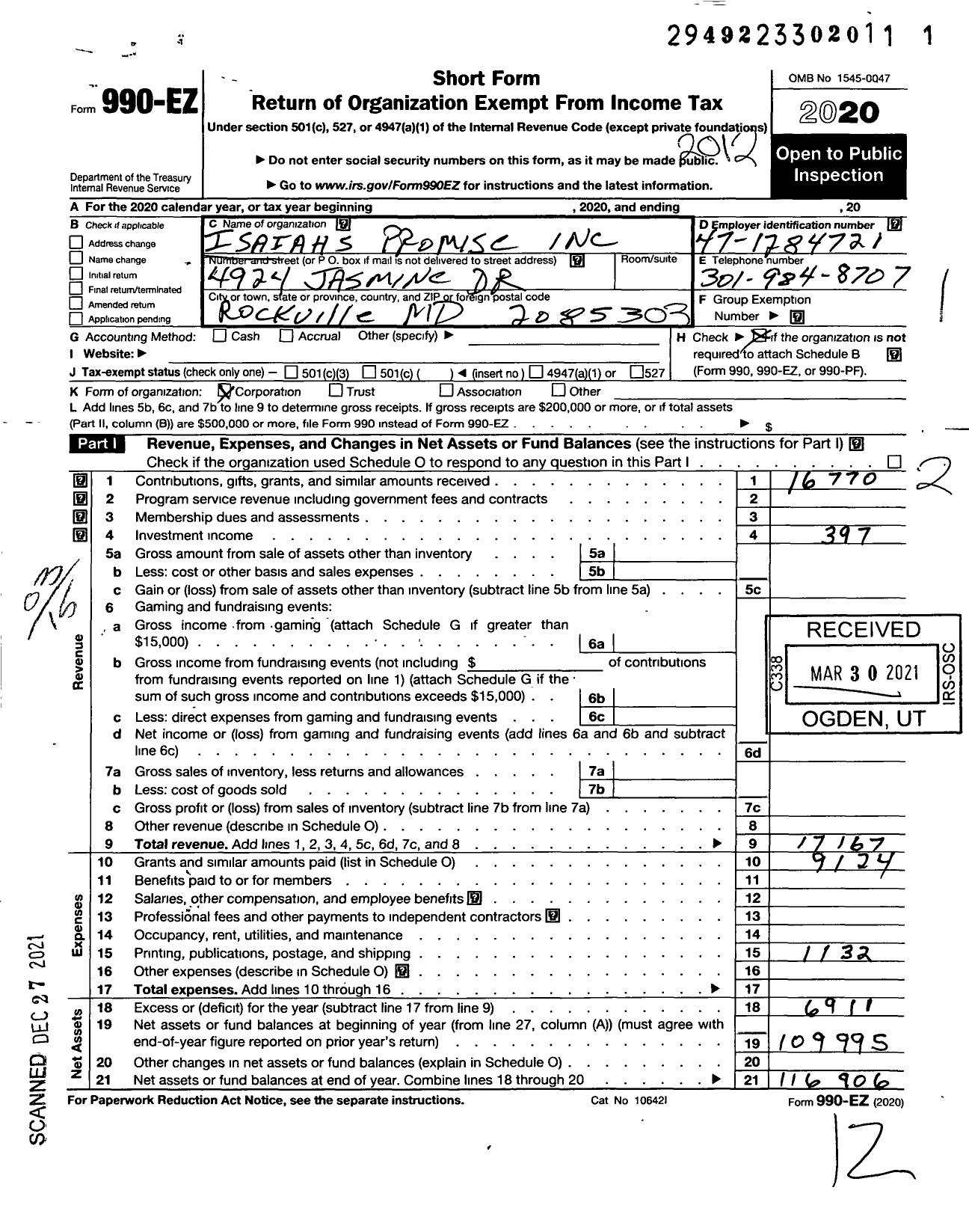 Image of first page of 2020 Form 990EZ for Isaiahs Promise