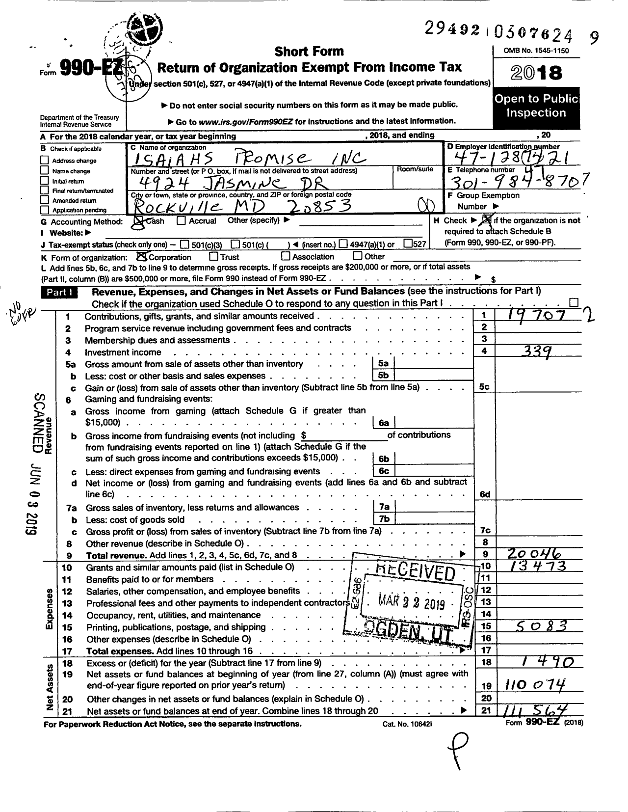 Image of first page of 2018 Form 990EO for Isaiahs Promise