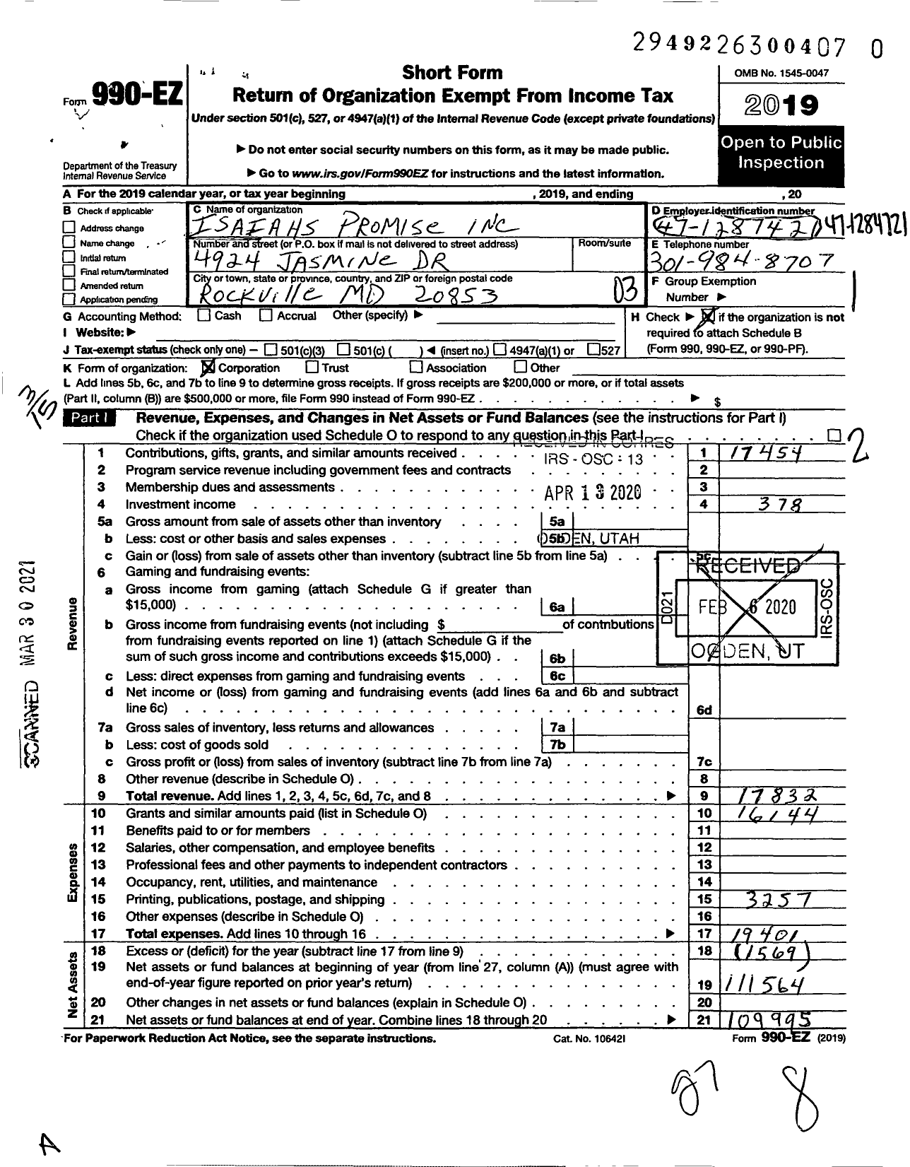 Image of first page of 2019 Form 990EZ for Isaiahs Promise