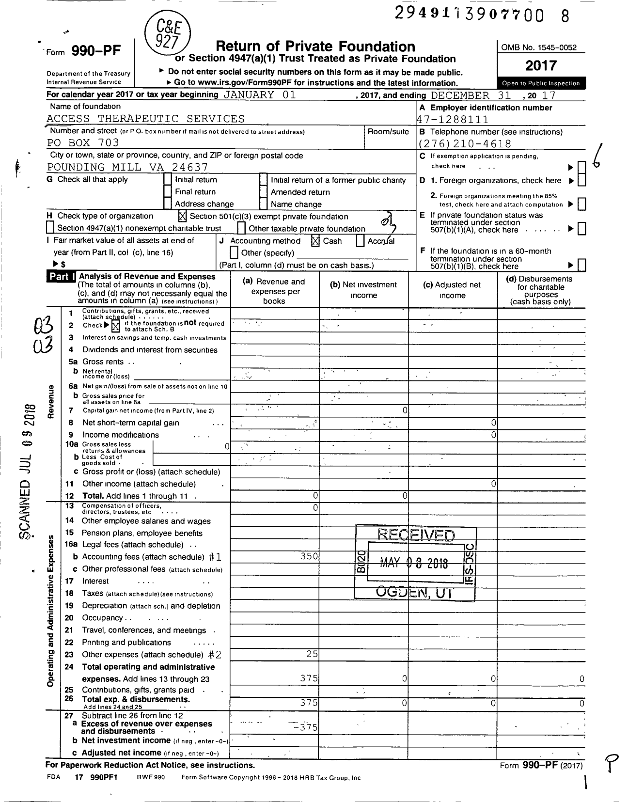 Image of first page of 2017 Form 990PF for Access Therapeutic Services