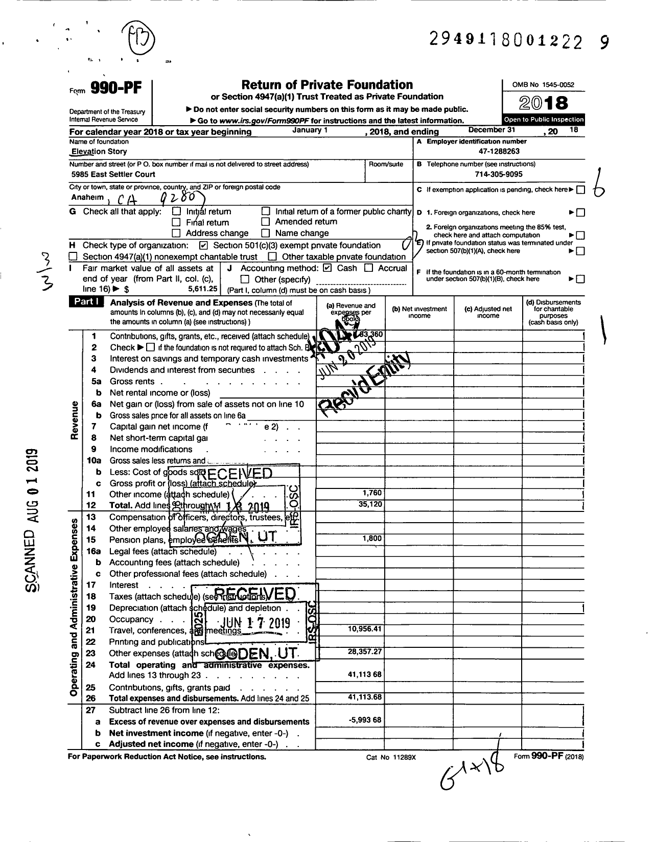 Image of first page of 2018 Form 990PF for Elevation Story