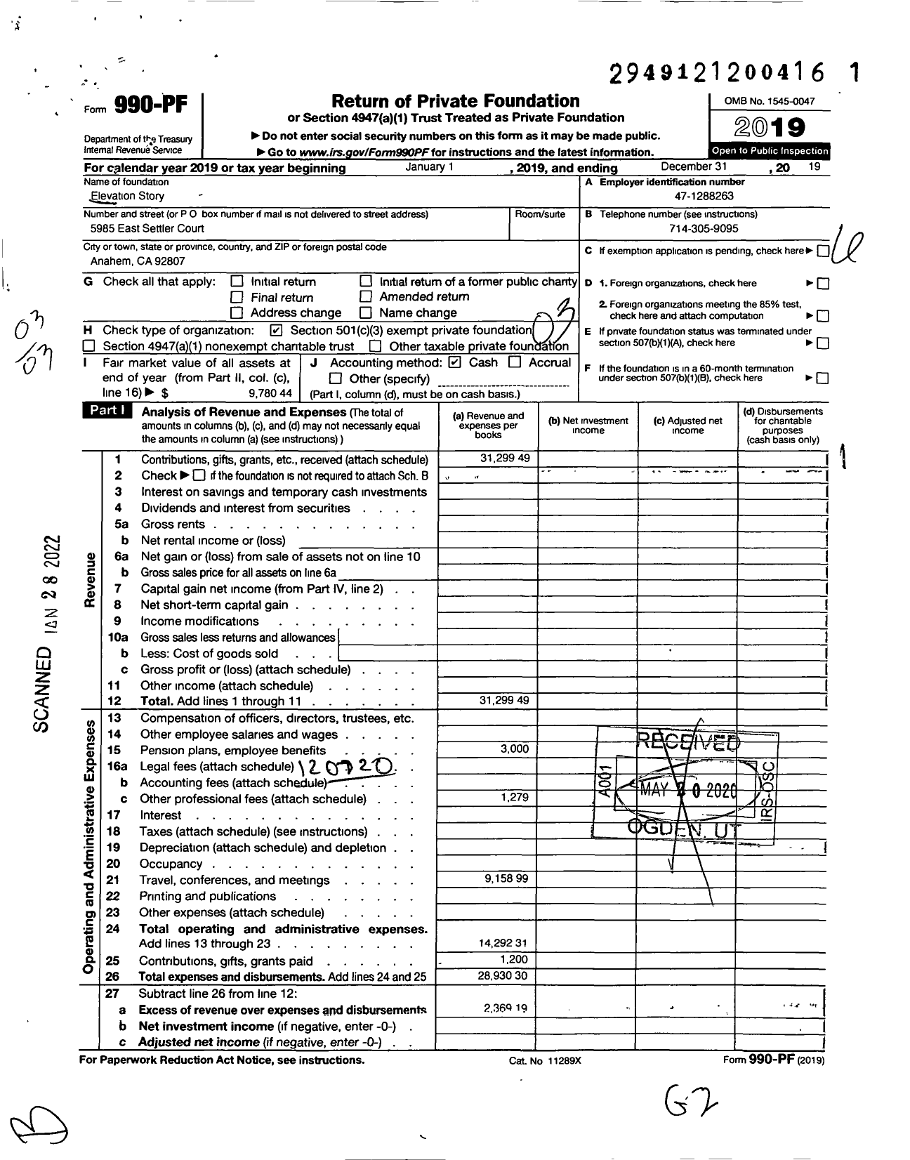 Image of first page of 2019 Form 990PF for Elevation Story