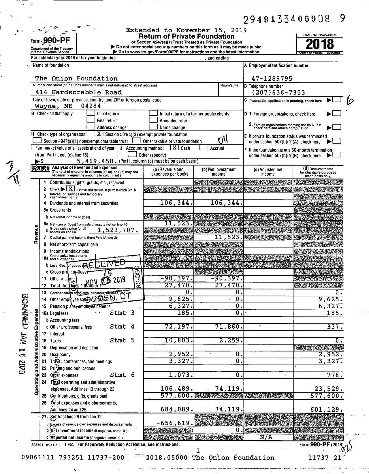 Image of first page of 2018 Form 990PF for The Onion Foundation