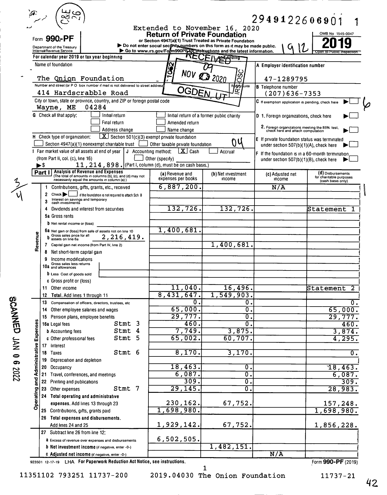 Image of first page of 2019 Form 990PF for The Onion Foundation