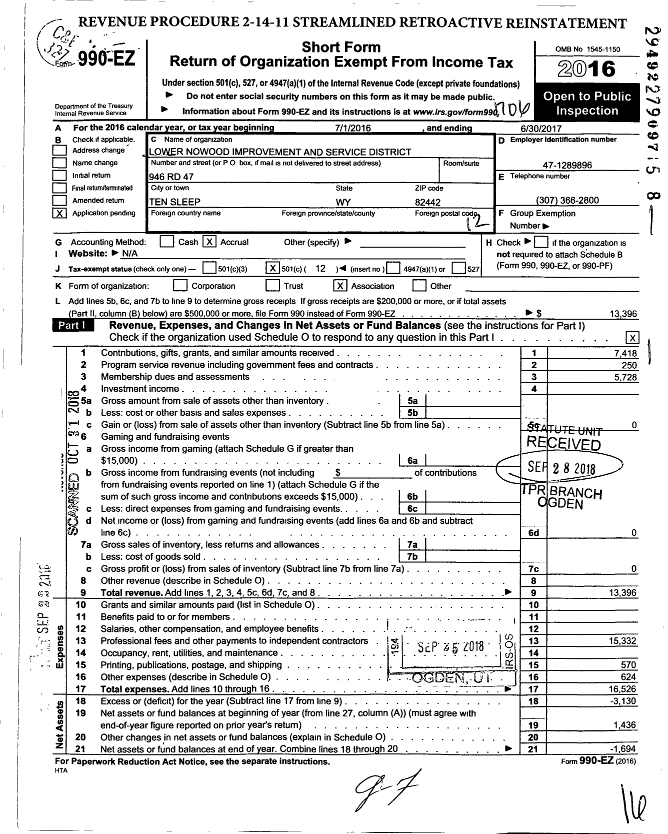 Image of first page of 2016 Form 990EO for Lower Nowood Improvement and Service District