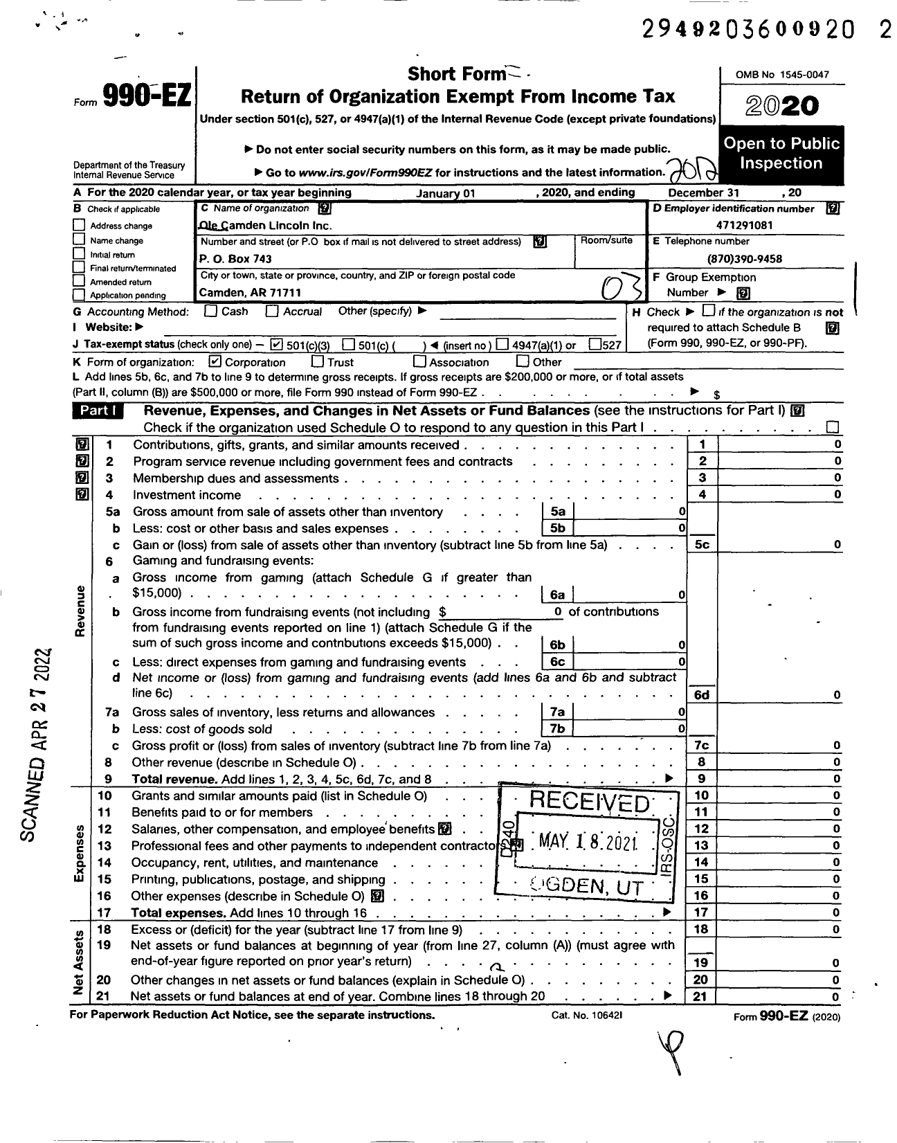 Image of first page of 2020 Form 990EZ for Ole Camden Lincoln
