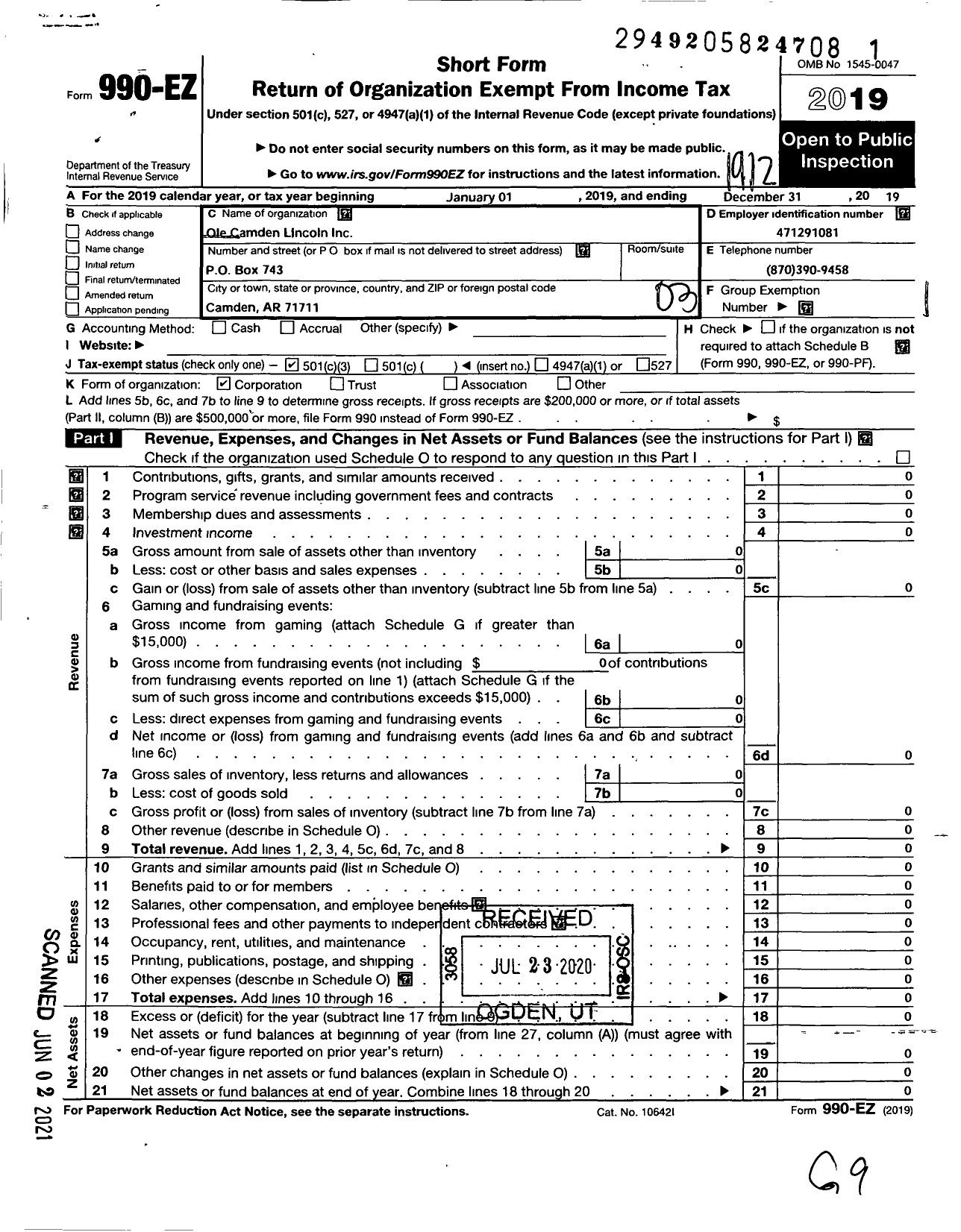 Image of first page of 2019 Form 990EZ for Ole Camden Lincoln