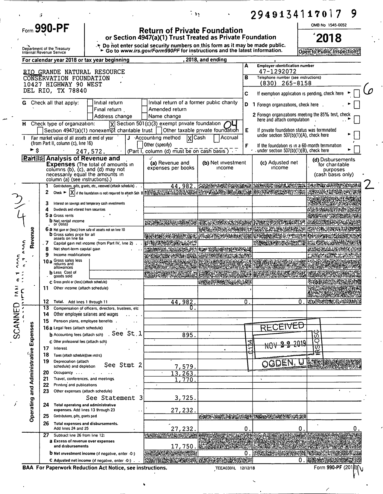 Image of first page of 2018 Form 990PF for Rio Grande Natural Resource Conservation Foundation