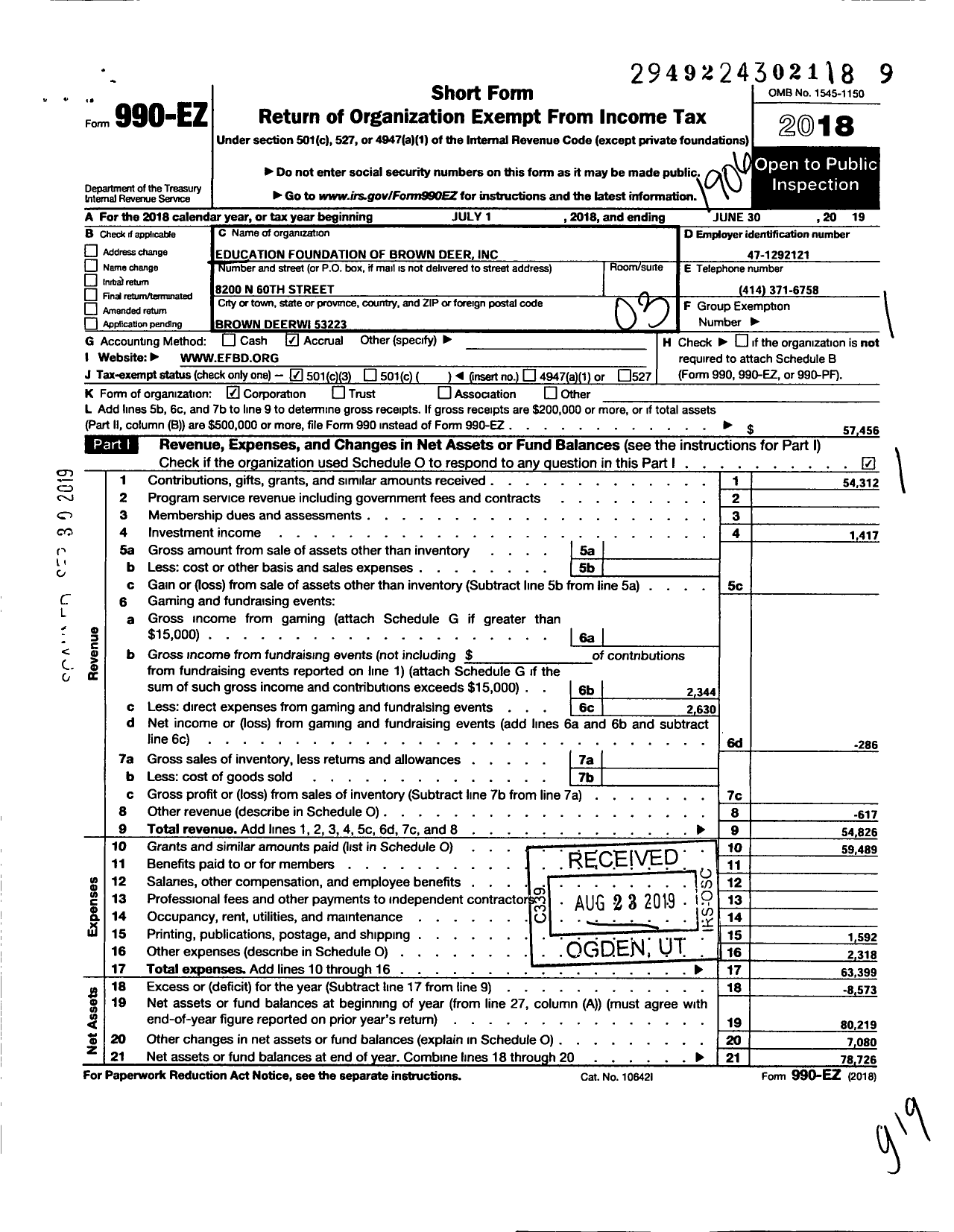 Image of first page of 2018 Form 990EZ for Education Foundation of Brown Deer