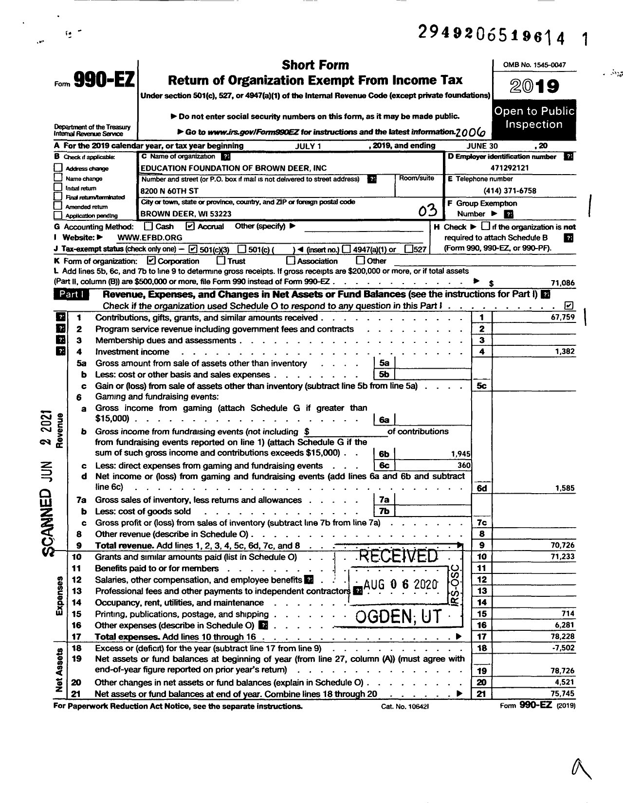 Image of first page of 2019 Form 990EZ for Education Foundation of Brown Deer